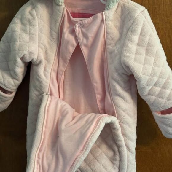 Baby Bunting Hooded Pink Bear Double Zip Footies Quilted Mitts 6-9 mo Ears Cozy - Picture 4 of 7